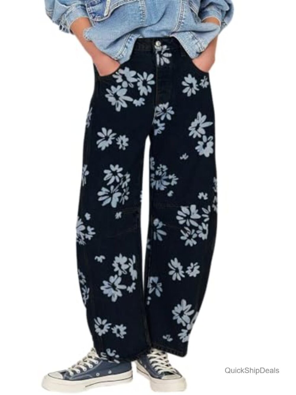 Women's Floral Print Barrel Jeans Mid Rise Wide Leg Baggy Boyfriend Denim Pants
